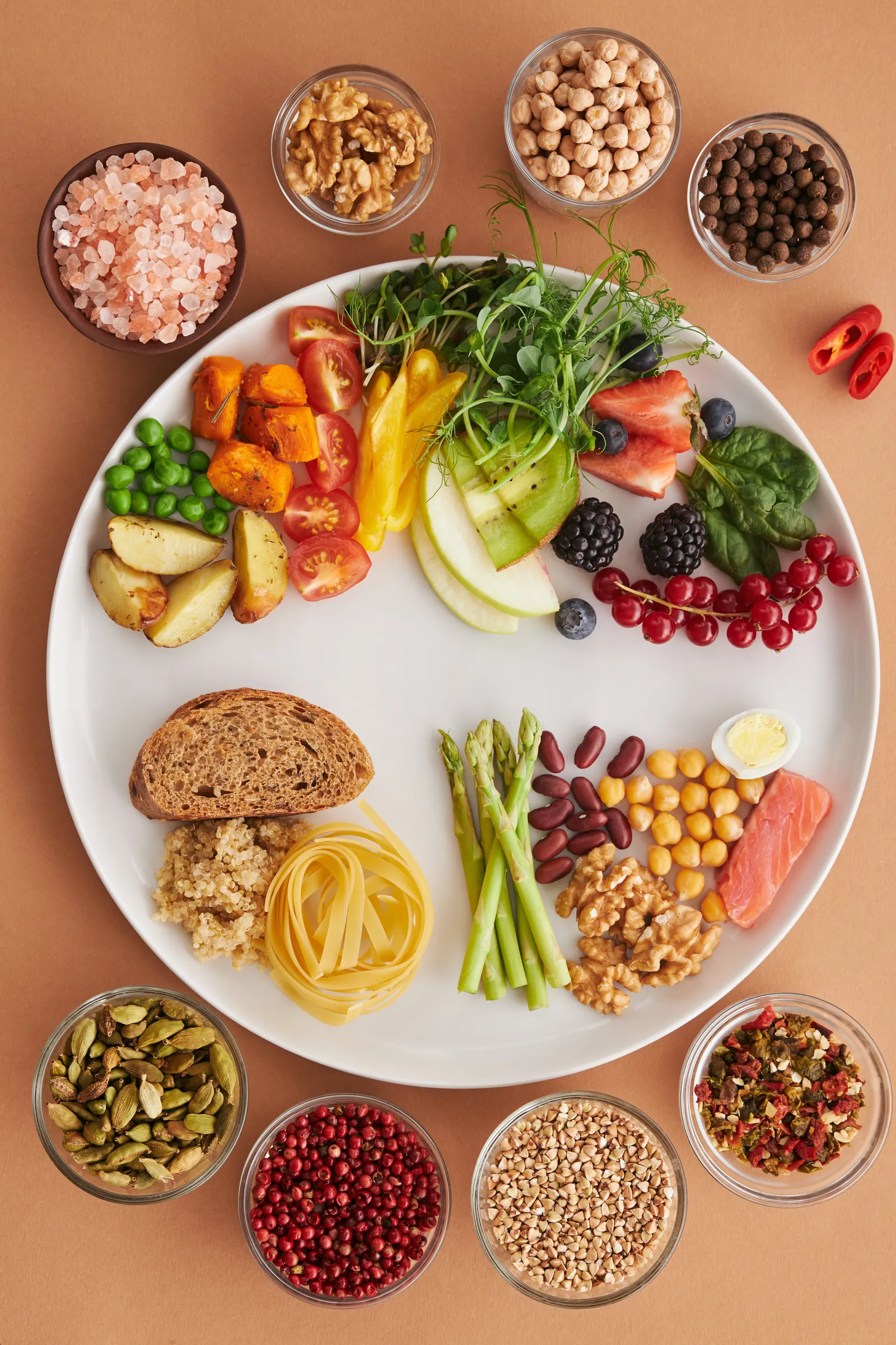 Flat lay of protein, iron, and nutrient-rich foods that support healthy hair growth during exercise training