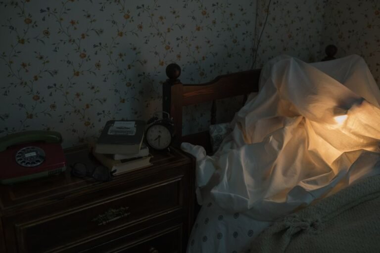 A dim bedroom with a book open under warm lamp light