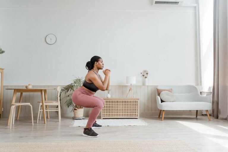 A person performing a bodyweight squat in a home gym, knees tracking over their toes
