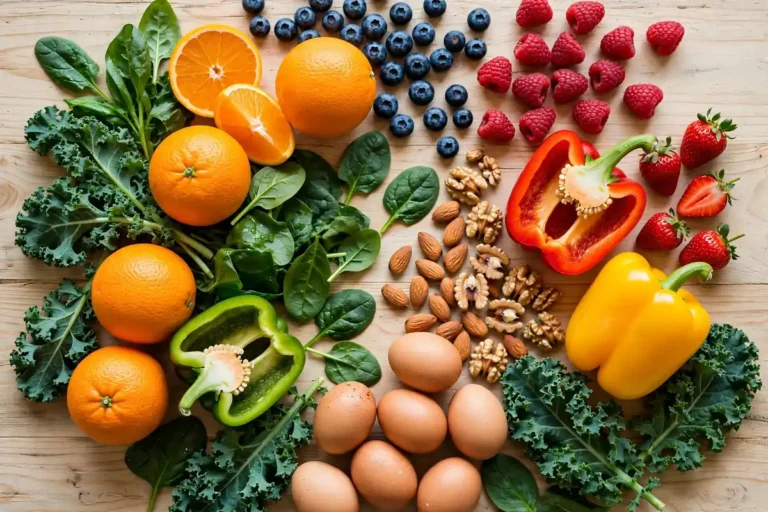 Colorful vitamin-rich fruits and vegetables supporting immune health