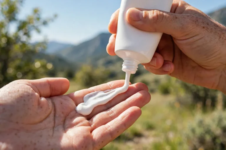 Person squeezing sunscreen onto fingers outdoors, showing how much sunscreen to apply
