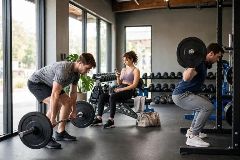 Beginner working out with dumbbells in a gym during the first month of training