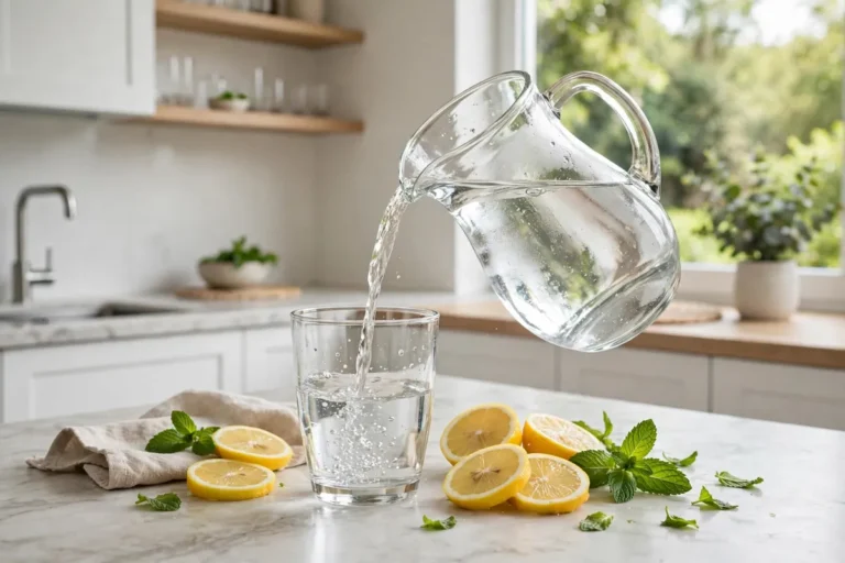 Fresh water being poured into a glass with lemon and mint