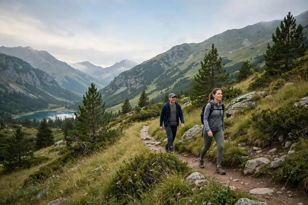 Person walking briskly outdoors on a trail for daily exercise