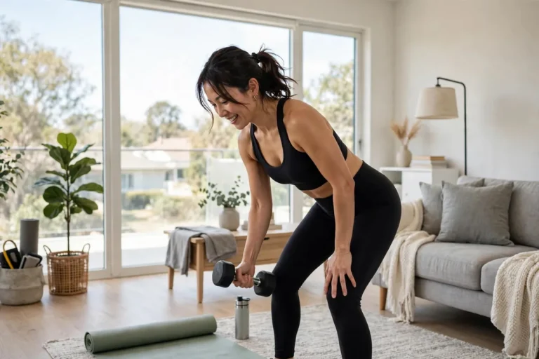 Person doing a dumbbell workout at home in a bright living room