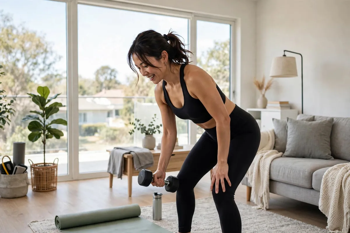 Person doing a dumbbell workout at home in a bright living room