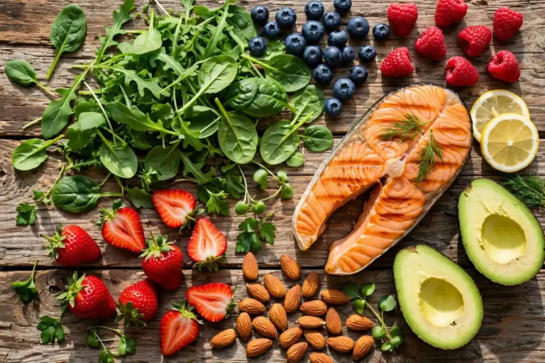 Overhead view of healthy weight loss foods with greens, berries and salmon