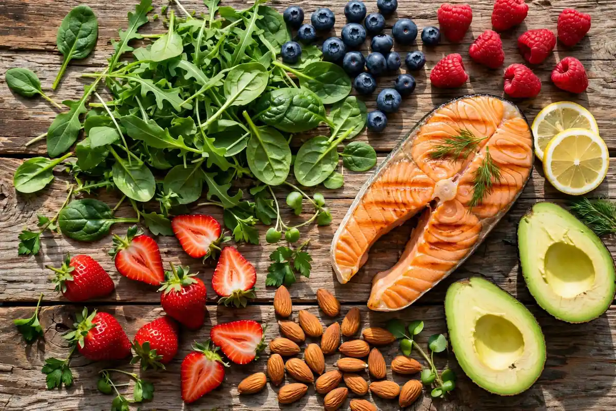 Overhead view of healthy weight loss foods with greens, berries and salmon