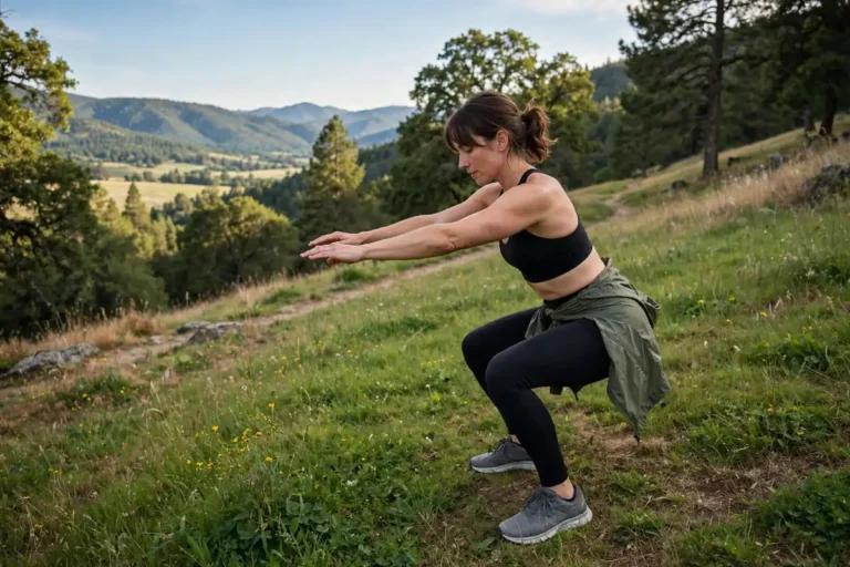 Woman demonstrating proper bodyweight squat form to protect the knees