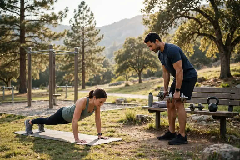 Dumbbells and open floor space showing bodyweight versus free weight training