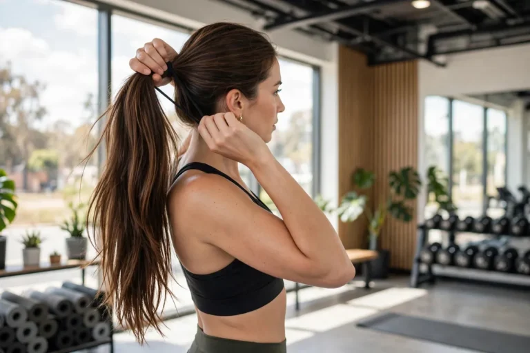 Athletic woman tying back healthy hair before a gym workout