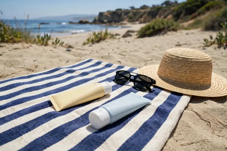 Chemical and mineral sunscreen tubes on a beach towel comparing sunscreen types
