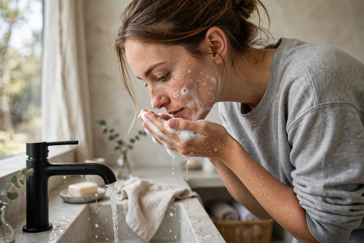 Woman washing her face with a gentle foam cleanser suited to her skin type