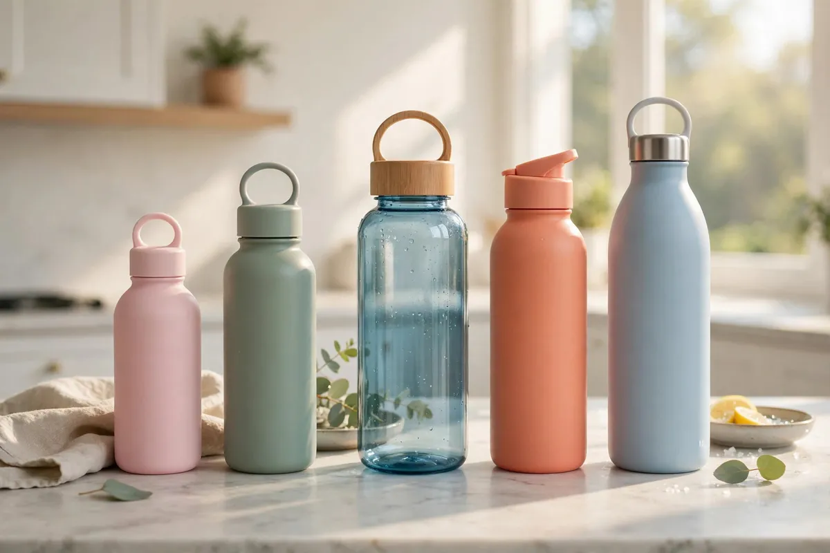 Reusable water bottles lined up on a kitchen counter in morning light
