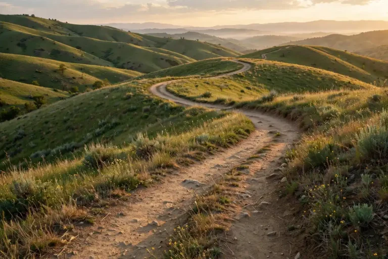Winding trail through rolling hills at golden hour, a steady path toward realistic fitness goals