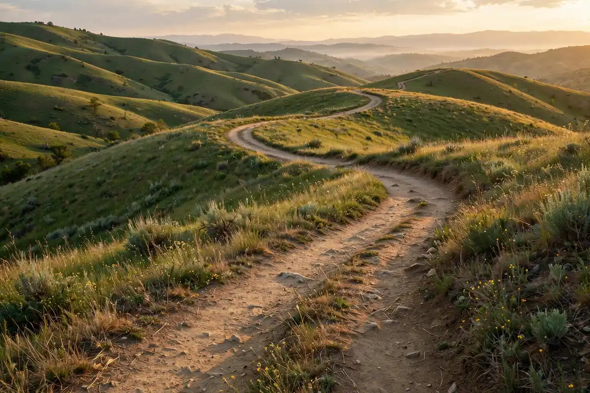 Winding trail through rolling hills at golden hour, a steady path toward realistic fitness goals