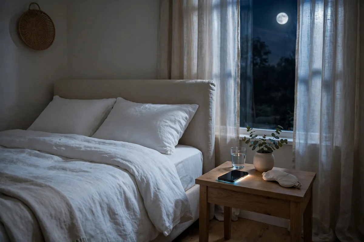 Dark bedroom with phone on nightstand showing common sleep environment mistakes