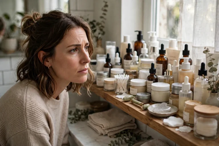 Woman looking at a cluttered shelf of skincare products, common skincare routine mistakes