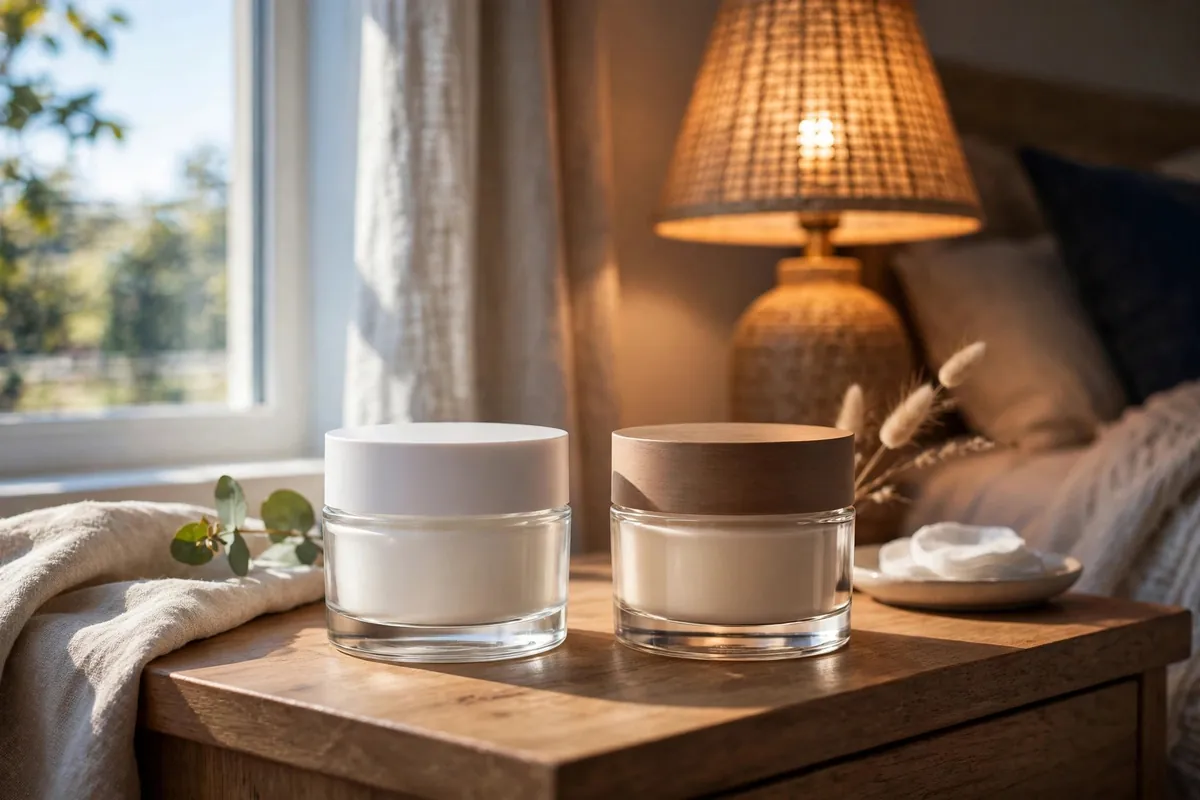Day and night moisturizer jars on a bedside table showing the difference between day and night creams