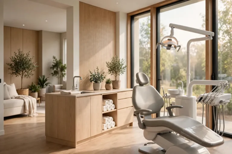 Bright modern dental clinic interior with a clean dental chair in natural daylight
