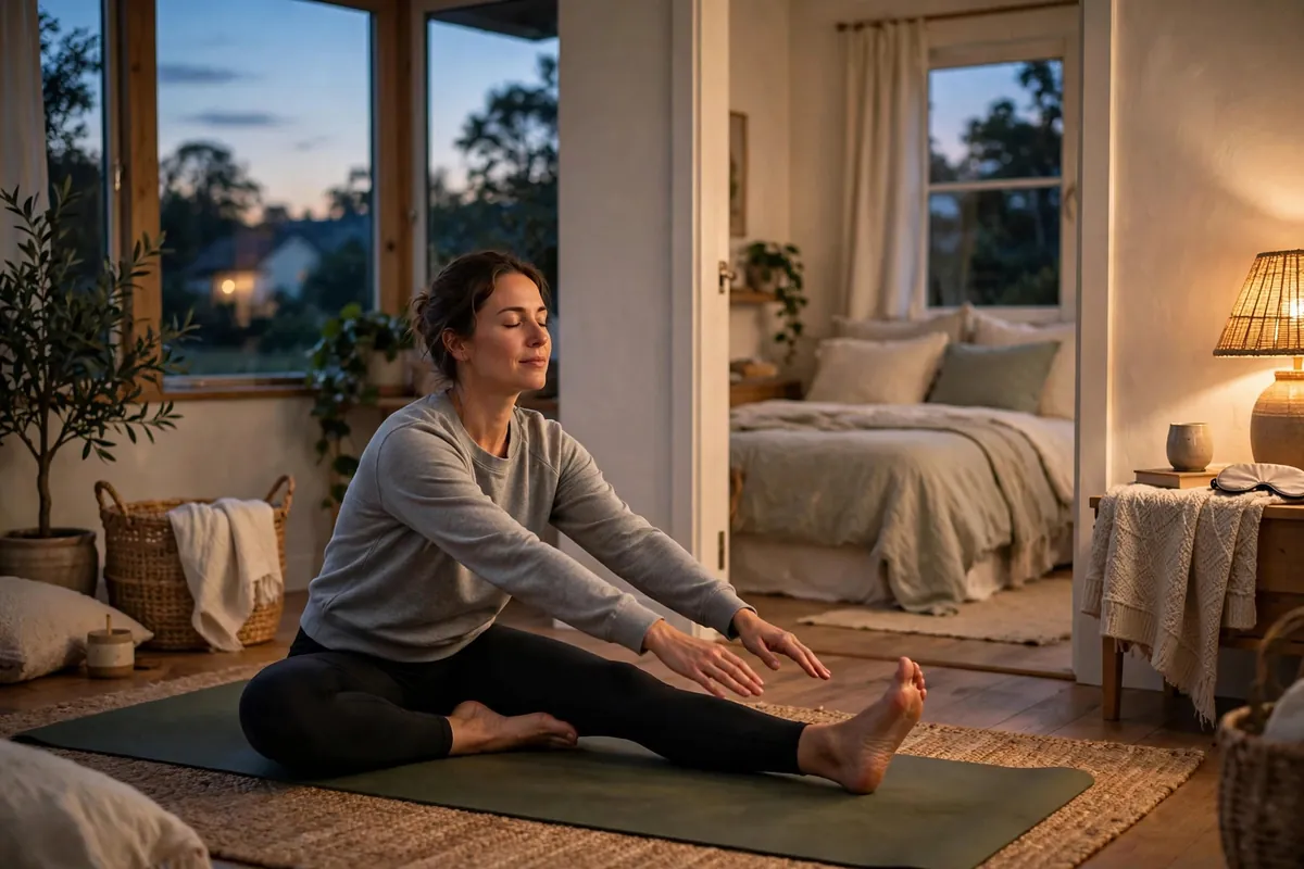 Person doing gentle evening stretches at dusk to improve sleep quality