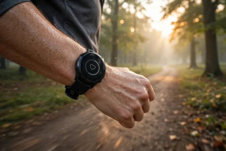 Runner wearing a fitness tracker smartwatch on a morning jog