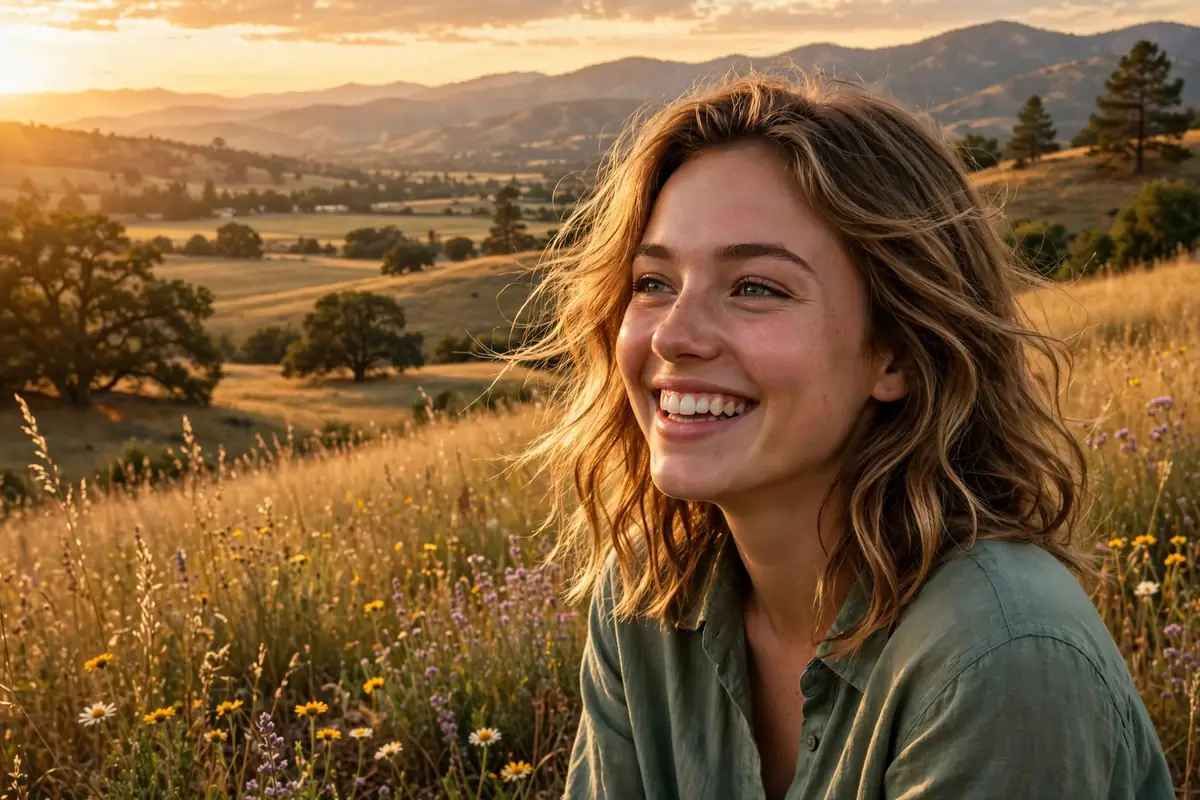 Happy woman with radiant glowing skin in golden hour sunlight