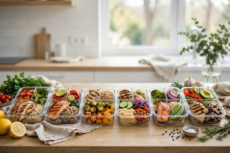 Weekly healthy meal prep containers with balanced portions
