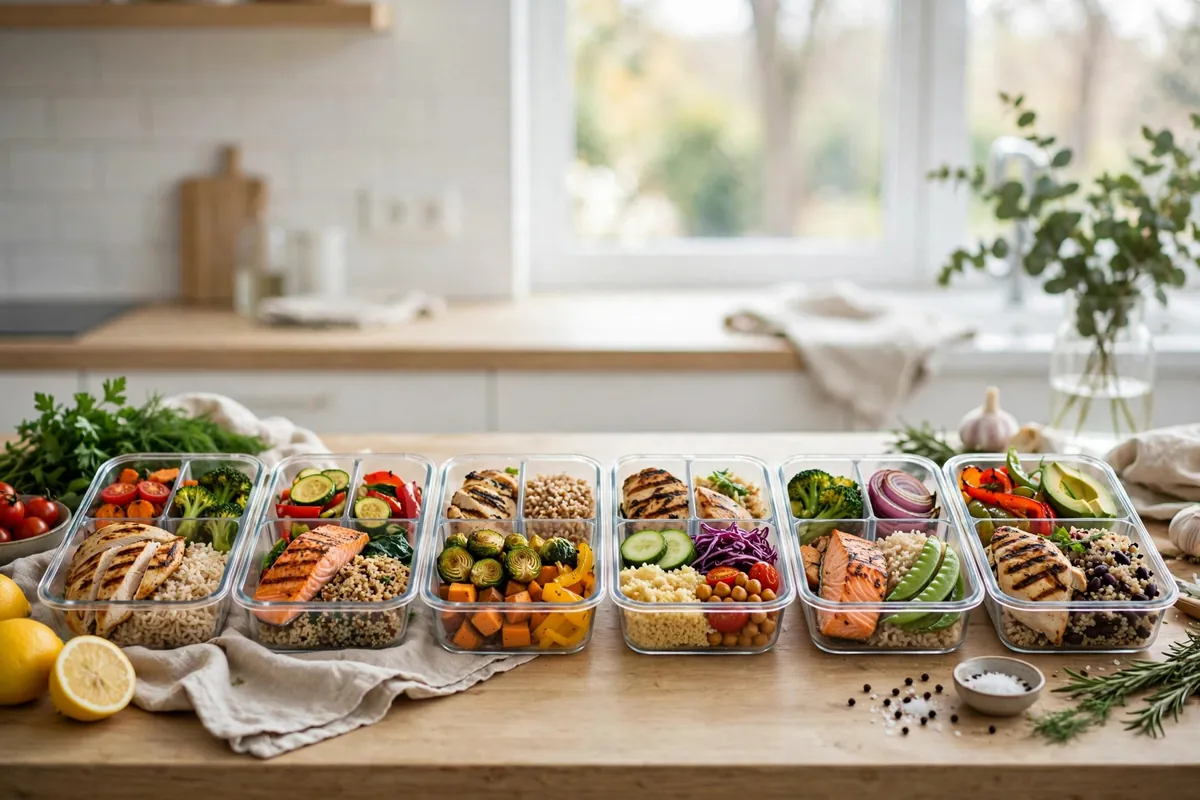 Weekly healthy meal prep containers with balanced portions