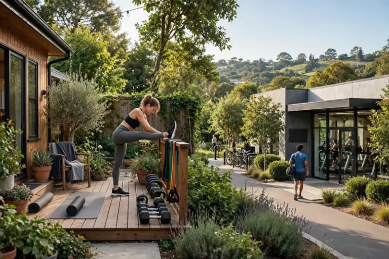 Home gym setup with dumbbells compared to a commercial gym space