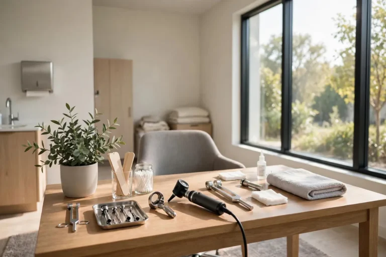 Modern doctor's consultation room with examination instruments in soft natural light