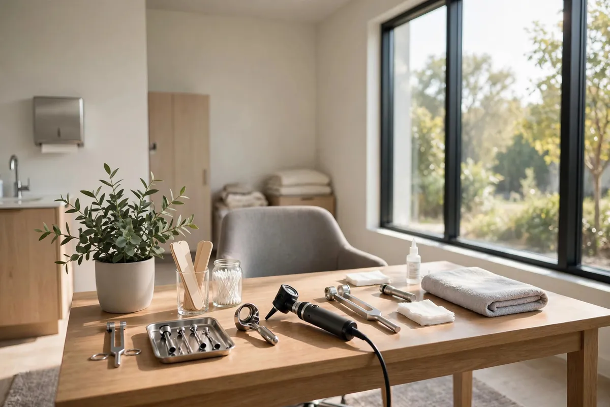 Modern doctor's consultation room with examination instruments in soft natural light