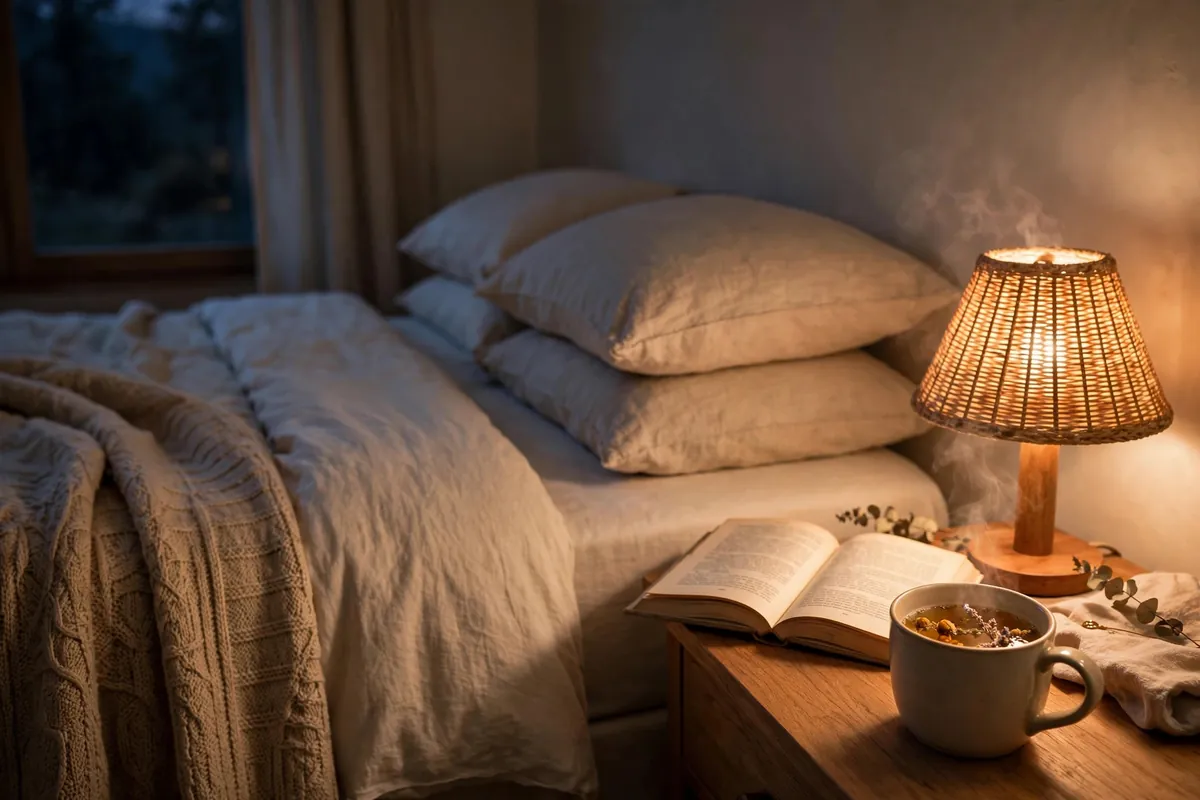 Cozy bedside with herbal tea and book as part of a calming wind-down routine