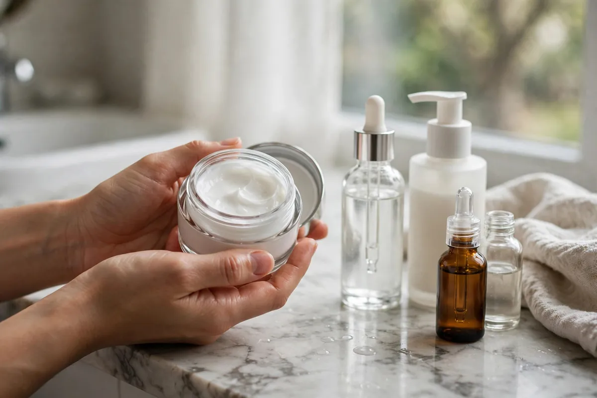 Hands holding an open jar of moisturizer cream for choosing the right moisturizer for your skin type