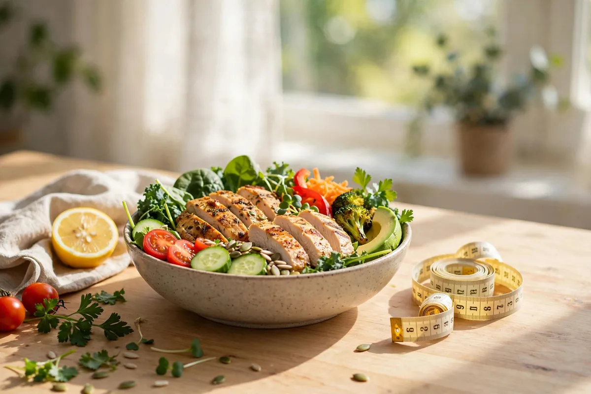 Healthy meal bowl with vegetables and chicken beside a measuring tape