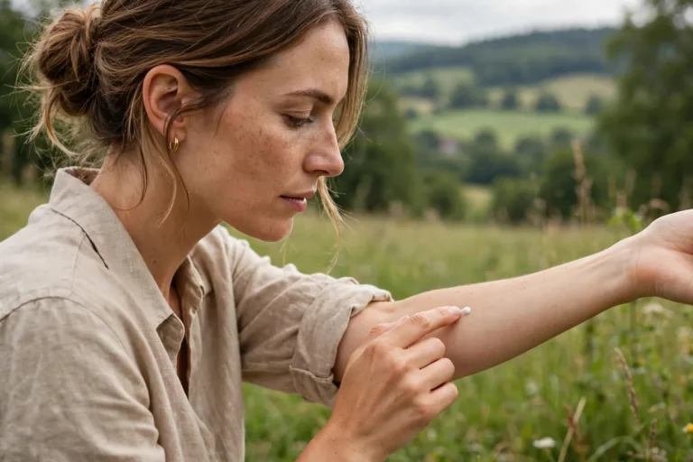 Woman patch testing a new skincare product on the inside of her forearm