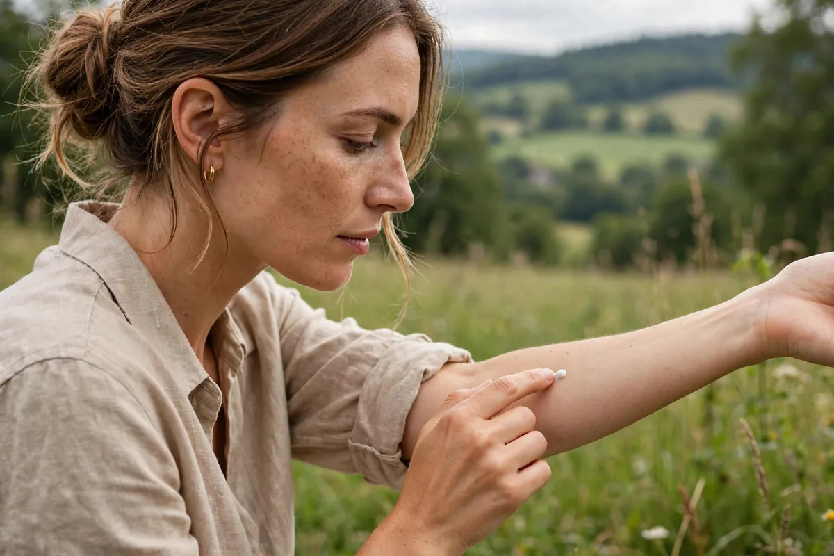Woman patch testing a new skincare product on the inside of her forearm