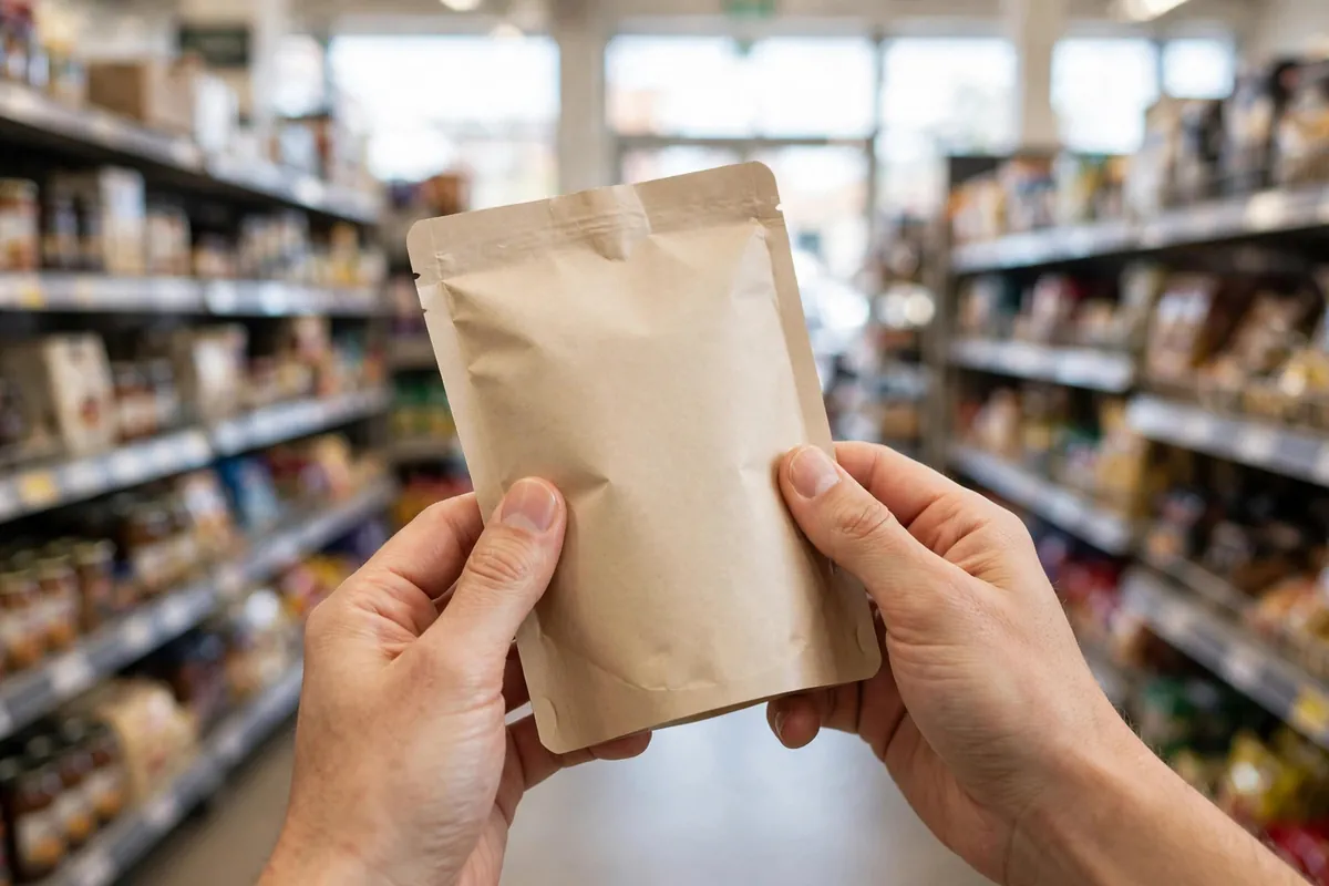 Hands checking the nutrition label on a packaged food product