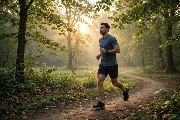 Person jogging on a park trail at sunrise for healthy belly fat reduction