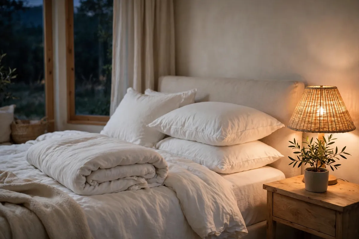 Calm inviting bedroom with warm lamplight set up for better sleep at night