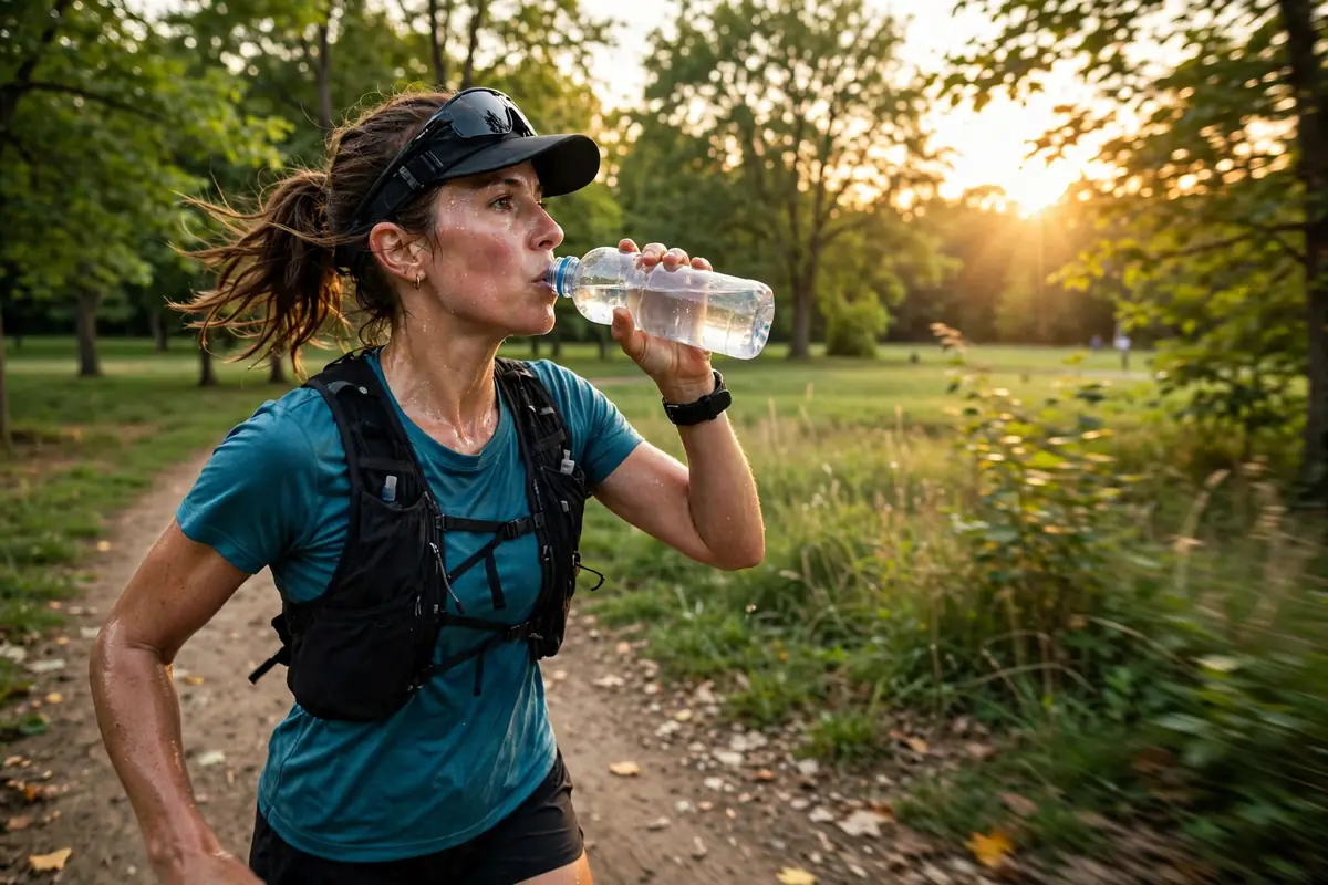 Runner drinking water on an outdoor trail during exercise
