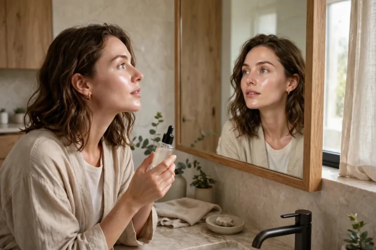 Woman checking her glowing skin in a mirror to see if a skincare product is working