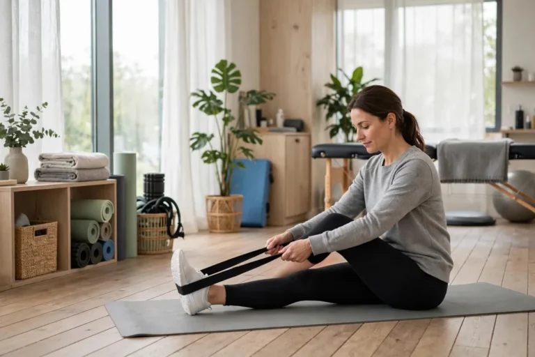 Person doing gentle knee rehabilitation stretches in a bright physiotherapy studio