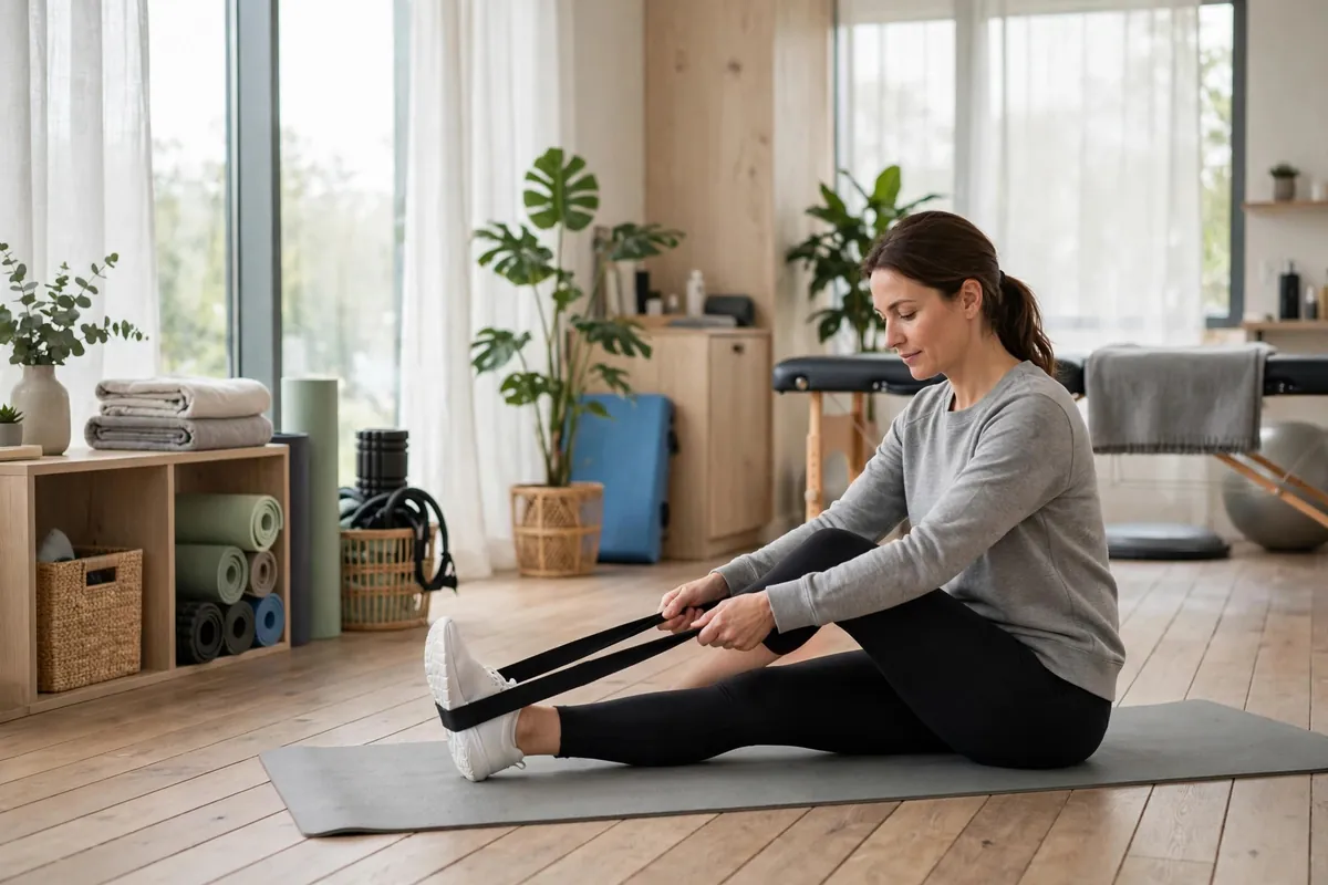 Person doing gentle knee rehabilitation stretches in a bright physiotherapy studio