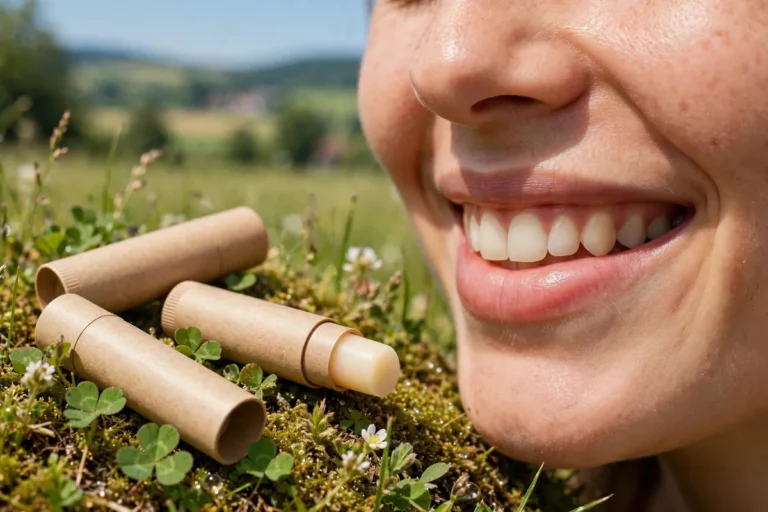 Woman applying SPF lip balm outdoors in sunshine for daily lip sun protection