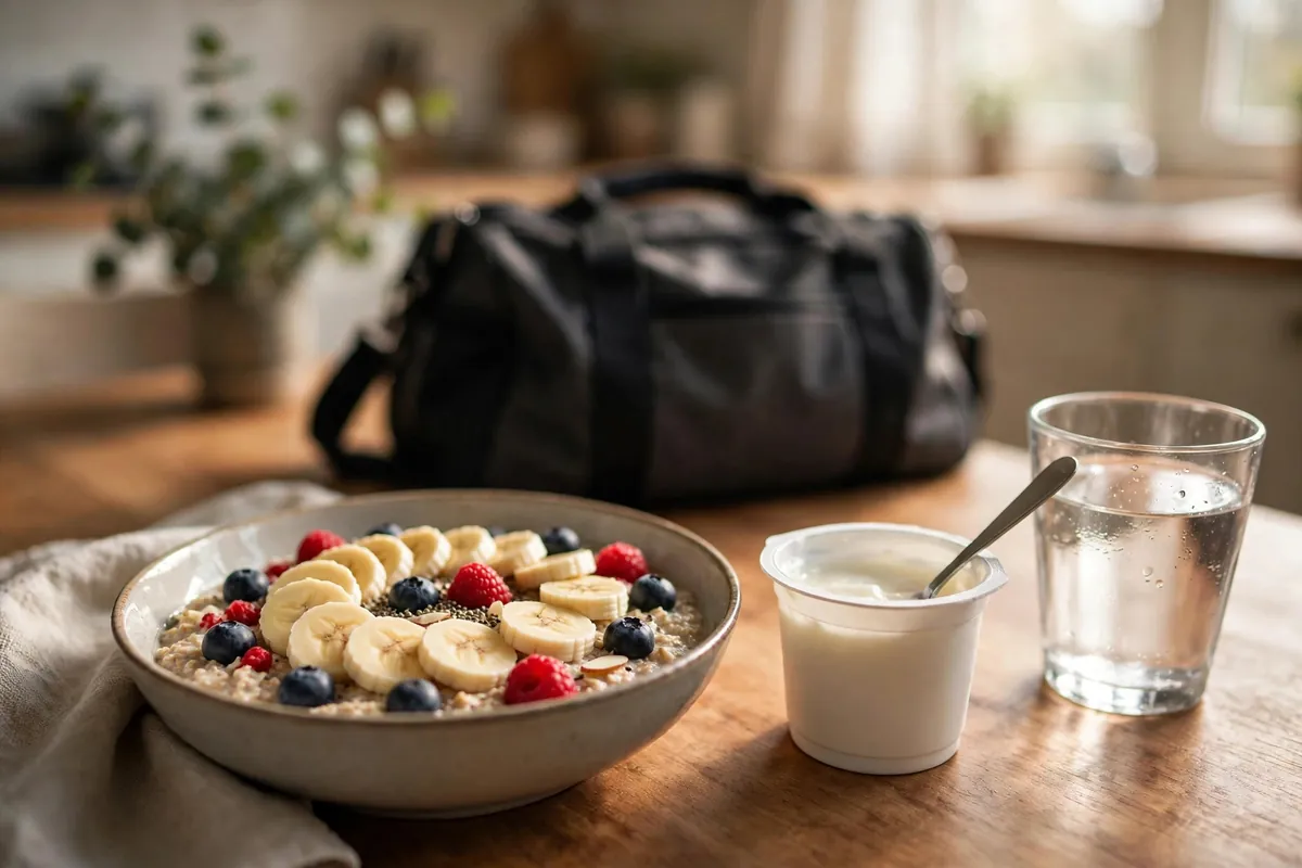 Pre-workout meal of oatmeal, banana and yogurt beside a gym bag