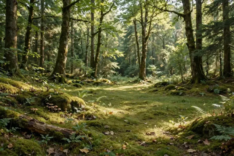 Serene forest clearing with dappled sunlight, a grounding scene for everyday mental health tips