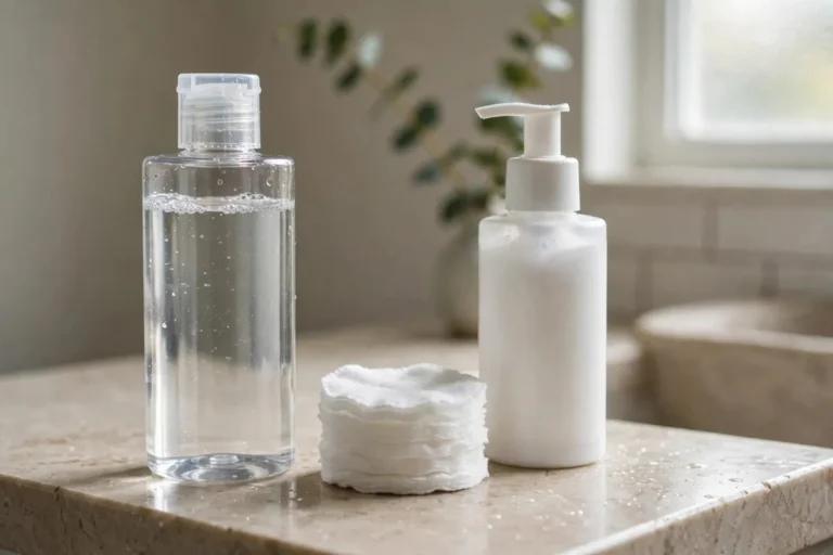 Micellar water bottle and cotton pad next to a foaming cleanser comparing the two