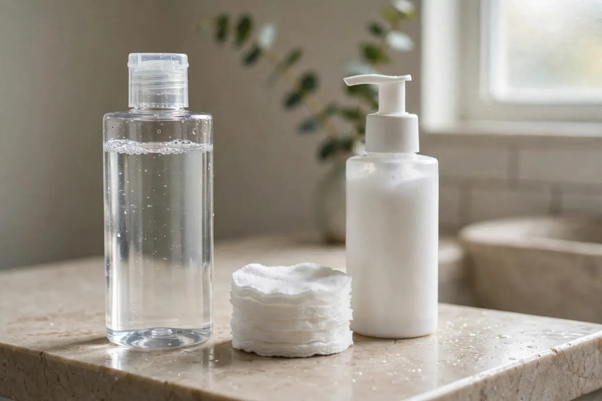 Micellar water bottle and cotton pad next to a foaming cleanser comparing the two