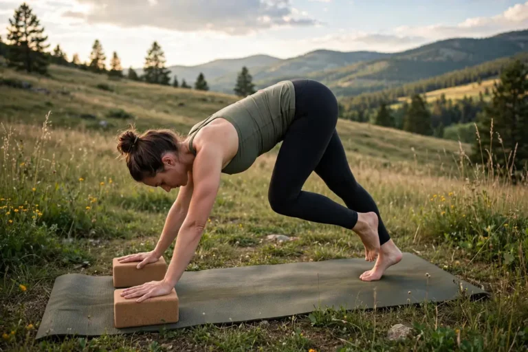 Yogi modifying downward dog pose with bent knees for tight hamstrings
